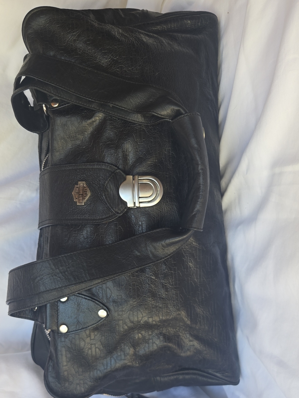Harley-Davidson Black Leather Duffel with Silver Hardware and Embossed Logo